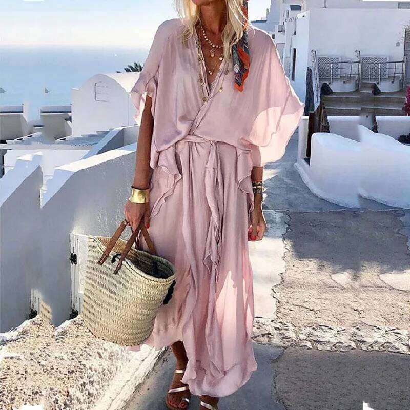 Casual Summer Retro Solid Color Short Sleeve Party Women Elegant Ruffle Long Fashion Holiday Boho Loose Ladies Dress MAKOUFEI