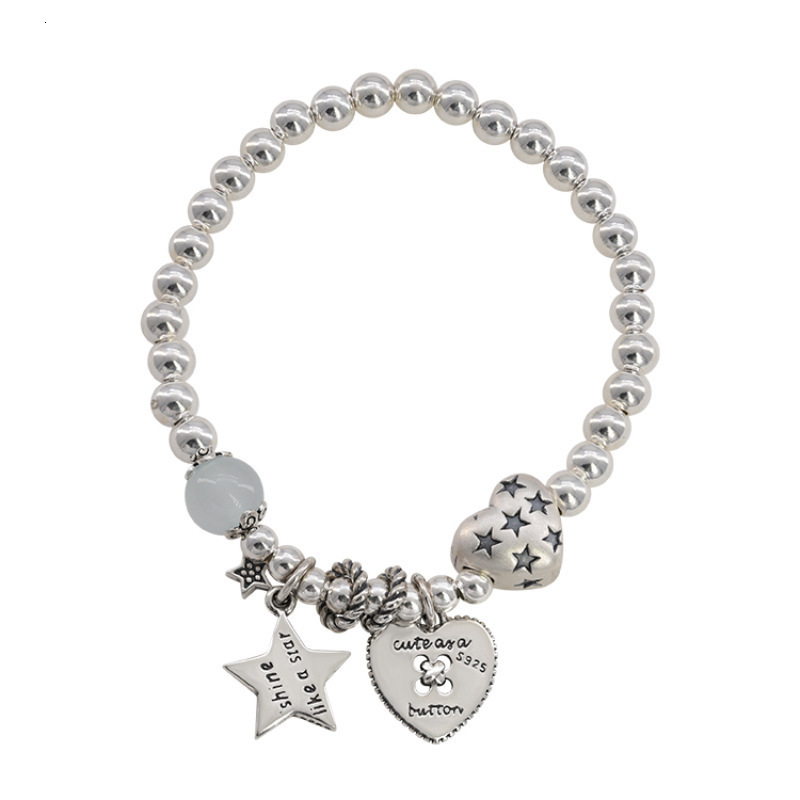 Bracelet S925 Sterling Silver Vintage Beaded Heart Star Bracelet For Women Fashionable Light Luxury Niche High-End Heavy Craft Jewelry Bracelet