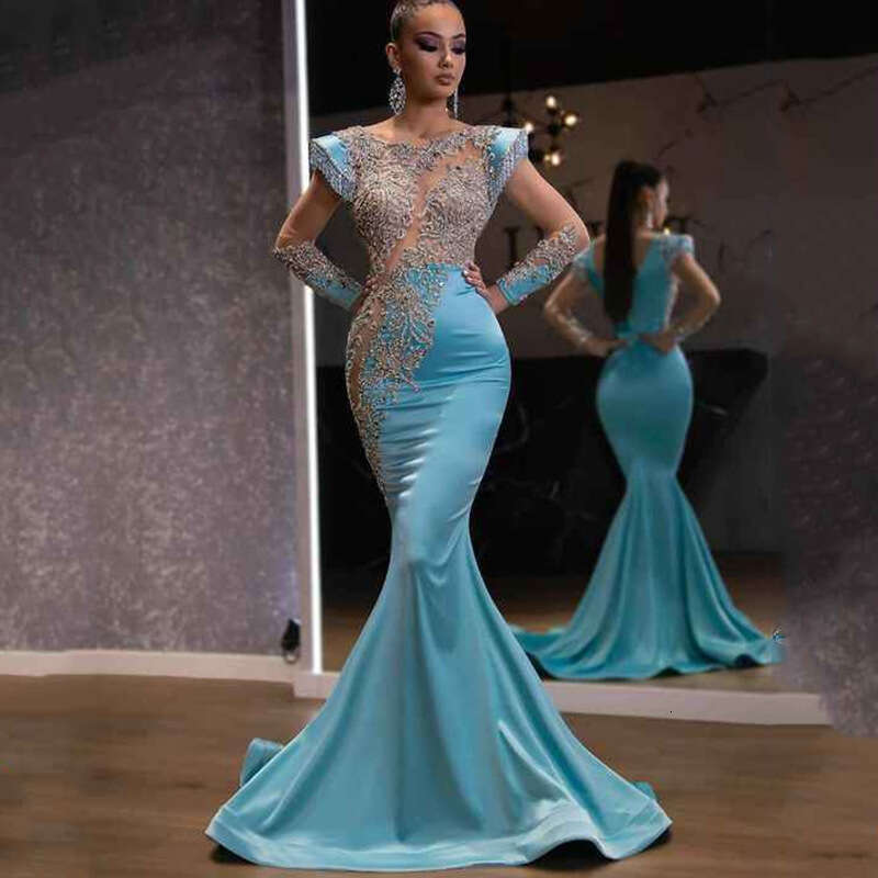 2025 New Daily Light Blue Mermaid Long Banquet Sand Gold Series Slimming Elegant Annual Meeting Evening Dress for Women