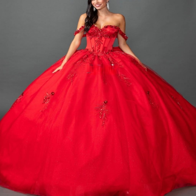 Red Shiny Ball Gown Quinceanera Dresses 2026 Applique Lace Beading Crystal Tull Bow Corset Off Shoulder Sweet 16 Dress Years Vestidos De 15 Anos