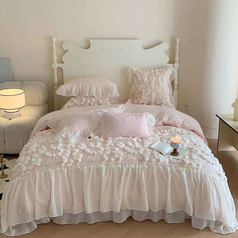 4Pcs Korean Princess Style Cotton 100% Bedding Set Three-Dimensional Chiffon Lace Duvet Cover 200x230 220x240 Four Seasons H260312