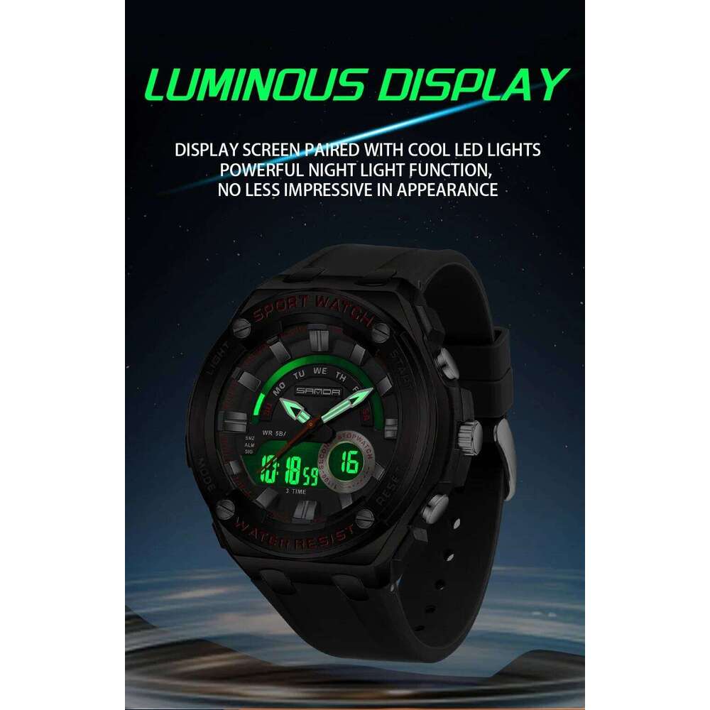 SANDA New 3190 Dual Display Sports Multi functional Waterproof LED Night Light Men's Electronic Watch