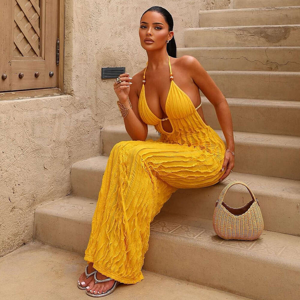 2025 Summer New Hot-Selling Backless Halter Tie Deep V Striped European and American Style Women's Dress