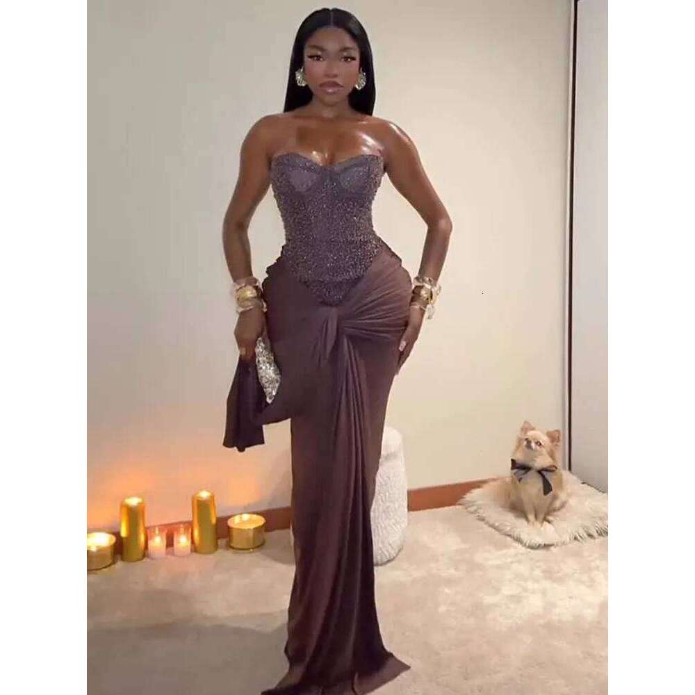 Solid Strapless Sequin Patchwork Dress Women Sexy Sleeveless Backless Cinched-waist Pleated Maxi Dresses Lady Party Evening Gown C260312