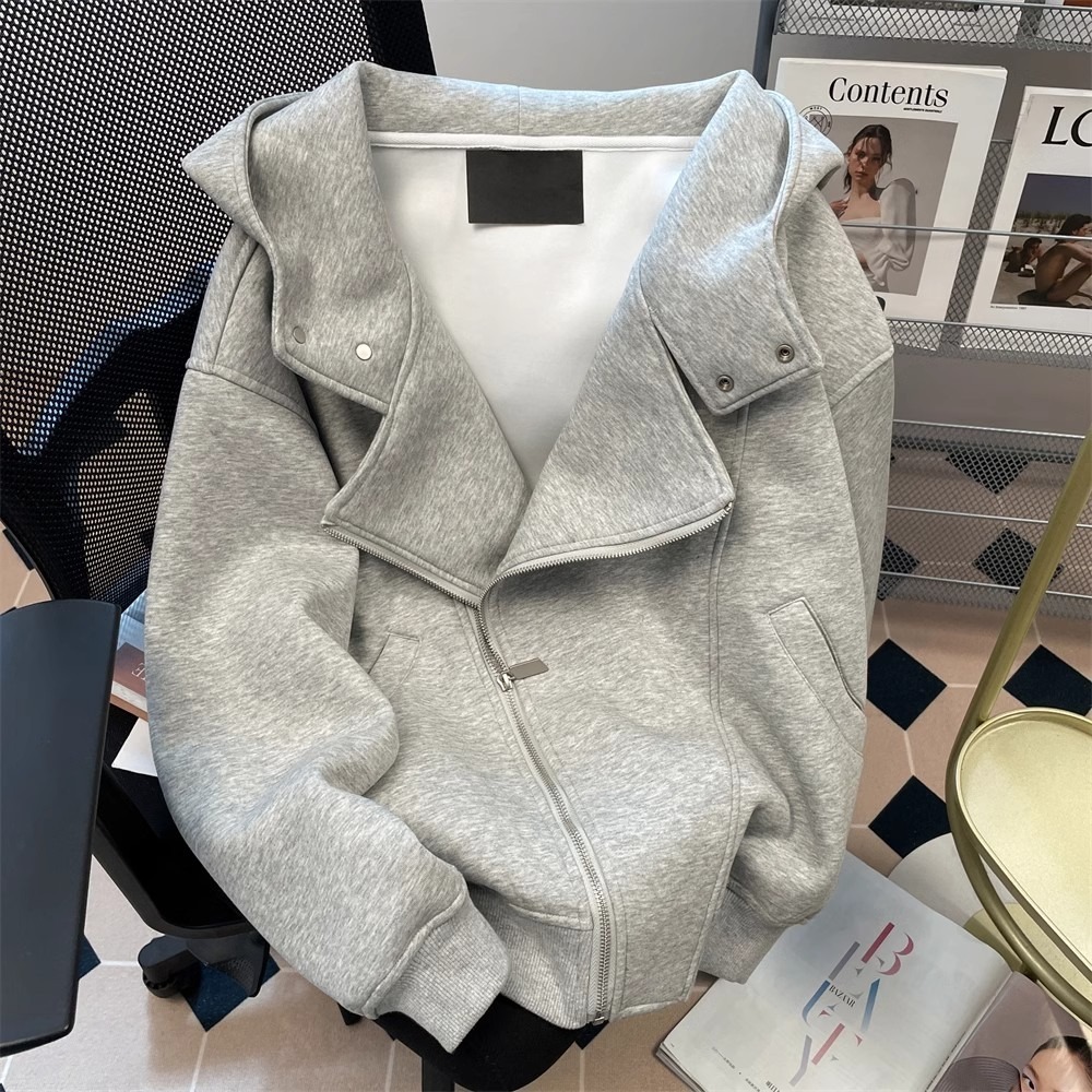Double-zipper Hooded Sweatshirt For Men And Women Spring And Autumn Heavy-duty Trendy Brand Gray Thickened Design Designer Hoodie Couple's Jacket