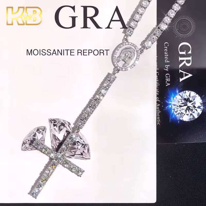 Luxurious Pure Sier Hip-Hop Rosary Necklace 4mm VVS Moissanite Unisex Cross Pendant Chain| Chilled Jewelry 123