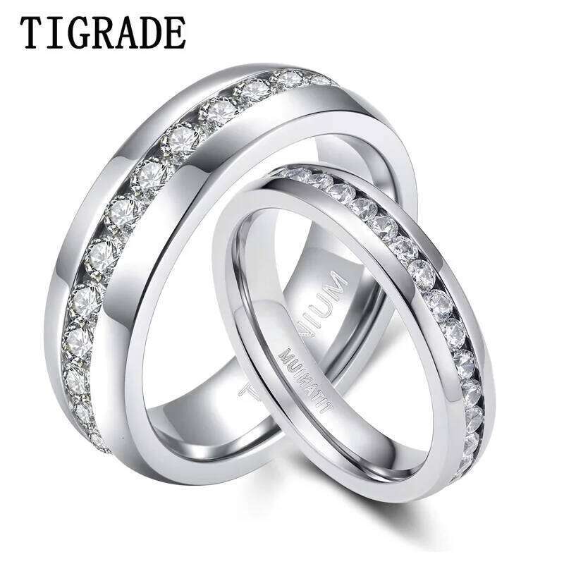 TIGRADE 4/5/6mm Titanium Cubic Zirconia Engagement Ring Anti-allergy Men Women Wedding Band Size 3 to 13.5 H260312