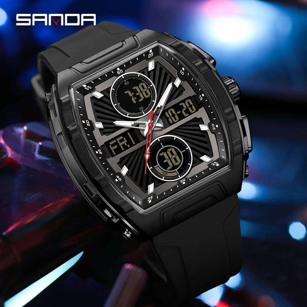 SANDA6231 Luxury Electronic Digital Fashion Trend Multi functional Clock Silicone Waterproof Weekly Date Men's Watch