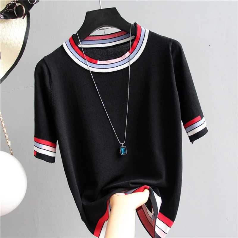 Casual Tees Women Knitting Tops patchwork short sleeve Ladies Shirts Summer sweaters Female Pullovers Pink White LooseT260312