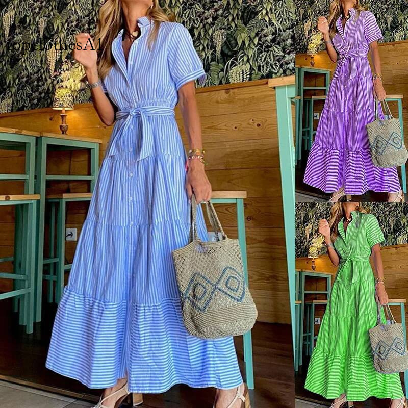 New Fashion Striped Short-sleeved Loose Medium And Long Dress