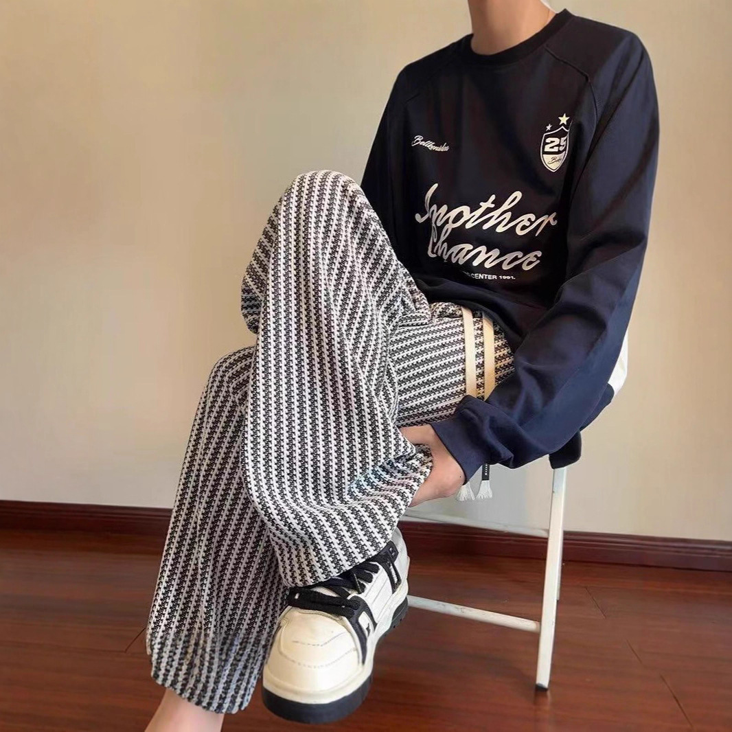 Men's Designer Pants Casual Sports Pants For Autumn And Winter Trendy Brand Style Striped Knit Loose Straight-leg Heavy Sweatpants