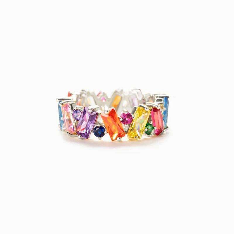 Huitan Irregualr Design Colorful Women Gold Color/Silver Color Geometric CZ Rainbow Rings Trendy Jewelry H260312