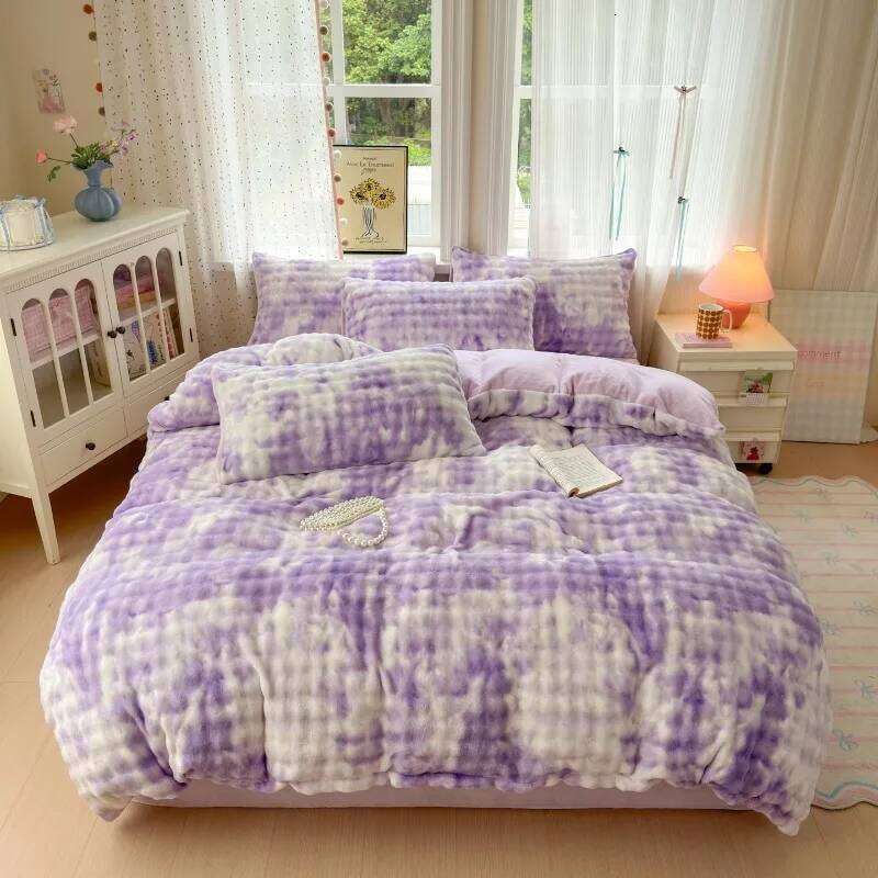 New simple printing bubble milk fleece four-piece set student dormitory cartoon thickened bed sheet quilt cover kit household H260312