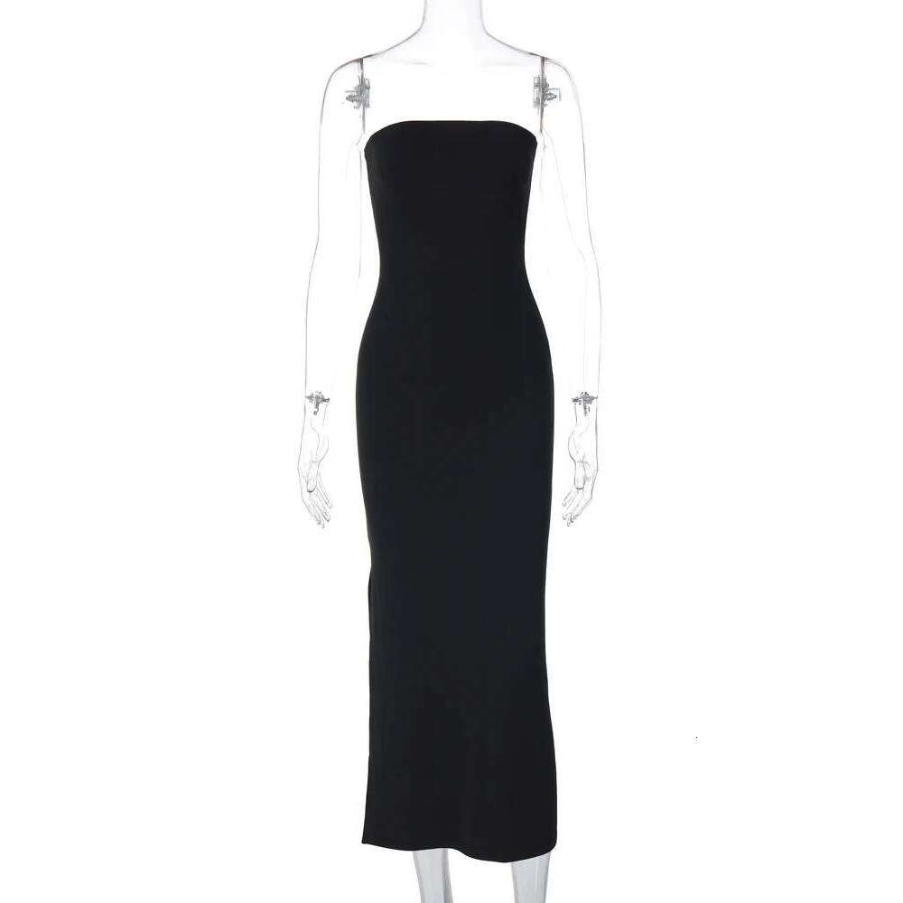 Hugcitar Black Strapless Long Sleeve Sexy Bodycon Maxi Prom Dress 2024 Fall Winter Elegant Women Outfit Evening Party Festival C260312