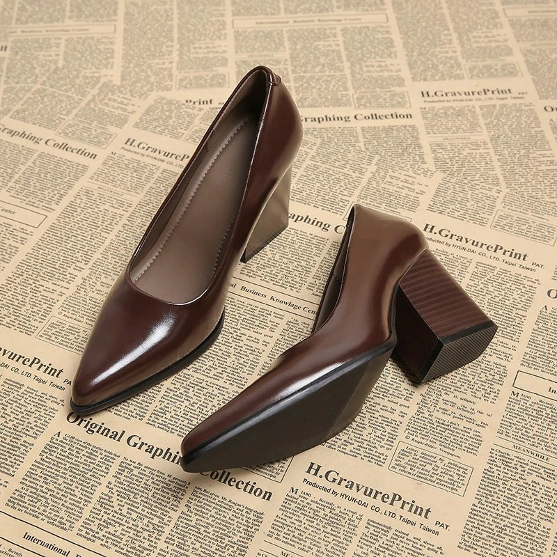 2026 Spring Women Commuter Pumps Shoes Fashion Pointed Toe Slip On Shoes Elegant Thick Heel Work Leather Shoes 260227