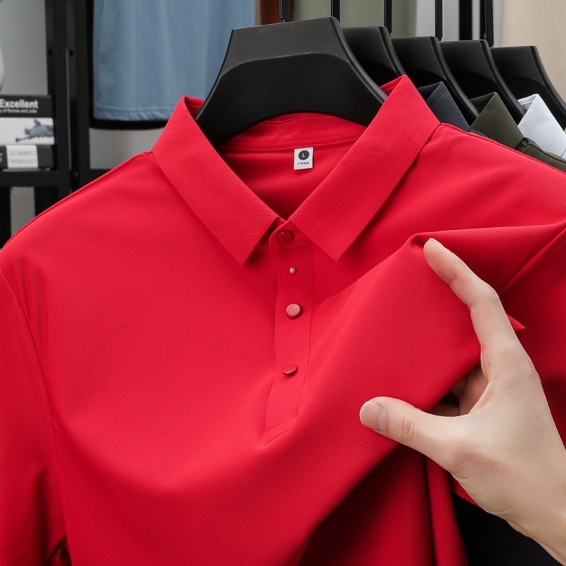 Ice Silk Summer Men's Business Casual Stretch Non-Iron Solid Color Streetwear Short Sleeve Turn-Down Collar Polo Shirt