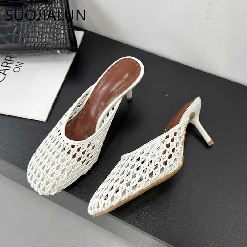 SUOJIALUN 2025 New Women Slipper Ladies Elegant Round Toe Slip On Mules Shoes Fashion Weave Thin High Outdoor Dress Sandal K260312