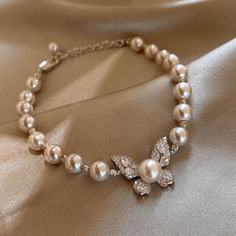 Manta Rose-Colored Pearl Bracelet for Women, French Style Micro-Inlaid Zircon Butterfly Bracelet, Niche Accessories Wholesale