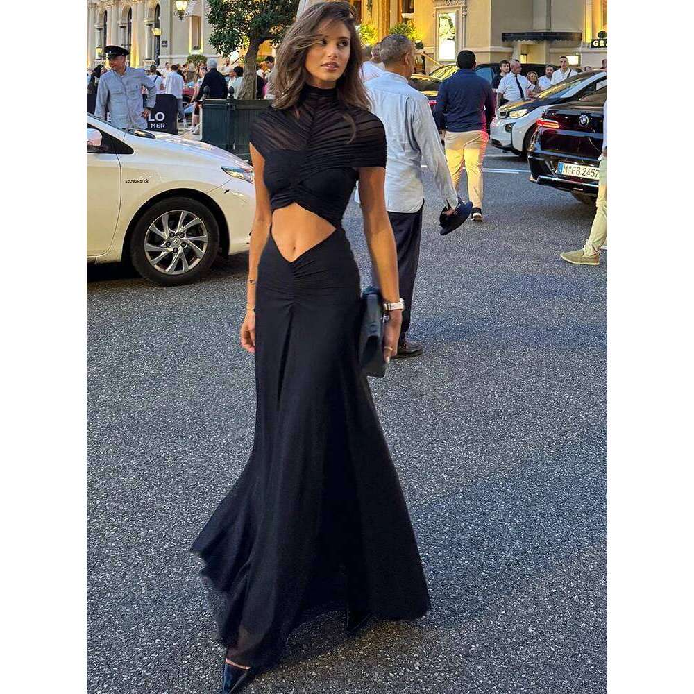 JULISSA MO Sexy Hollow Out Turtleneck Women Maxi Coffee Short Sleeve See Through Mesh Bodycon Elegant Party Evening Dress C260311