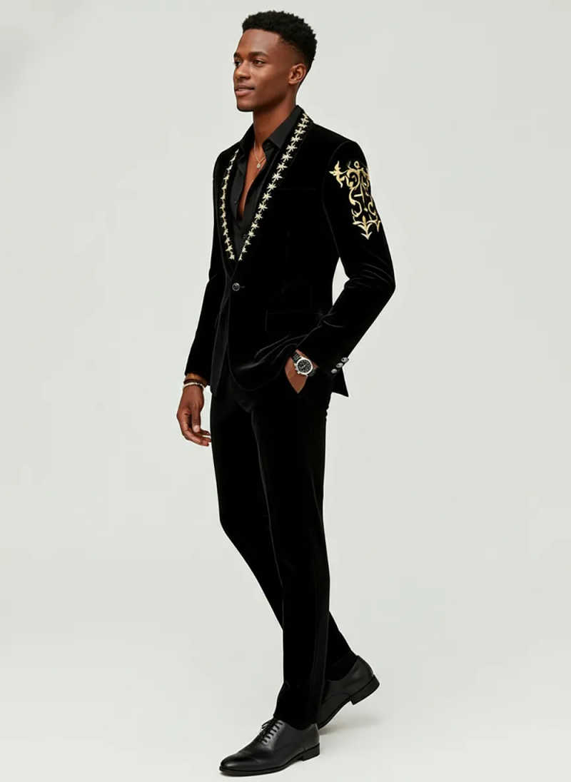 High Quality Men Suit 2 Pcs Blazer Pants Velvet Embroidered Slim Fit Jacket Special Occasion Wedding Prom Party Customized
