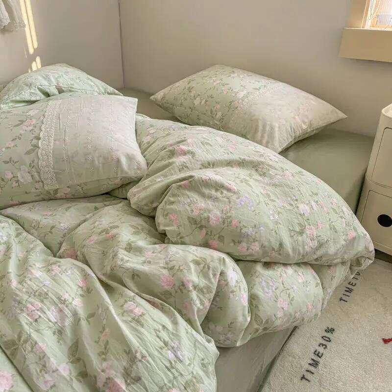 INS French Style Fresh Floral Lace Trim Four-Piece Set Washed Cloud Cotton Quilt Cover Dormitory Bed Sheet Sets H260312