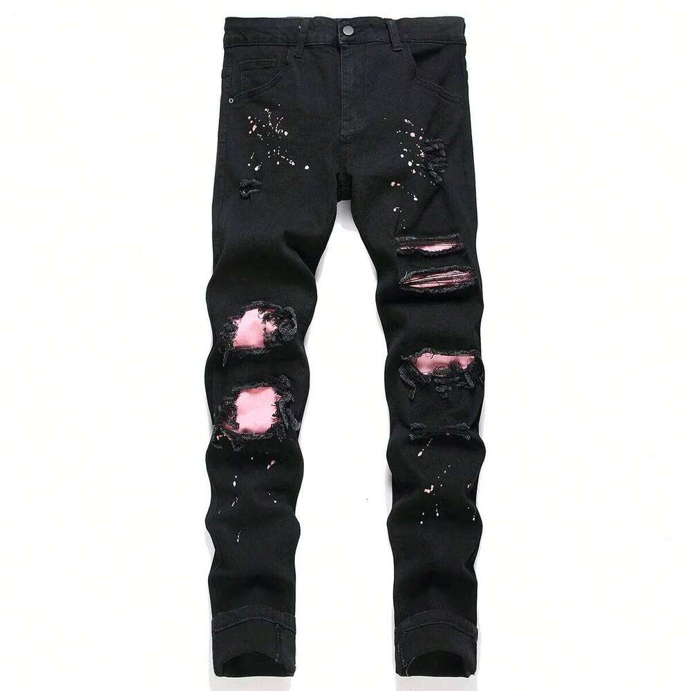 y2k Stretchy Skinny Jeans For Men Casual pants Ripped Patchwork Hole Slim Fit Denim Hip Hop Black Straight Trousers 26Y0312