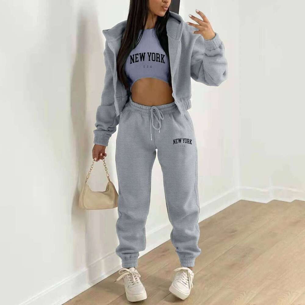 Sweatshirt Suit Women Tracksuit Sporty 3 Piece Set Vest Thick Coat Pants Print Outfits Lace Up Sportswear Ensemble Autumn Winter C260312