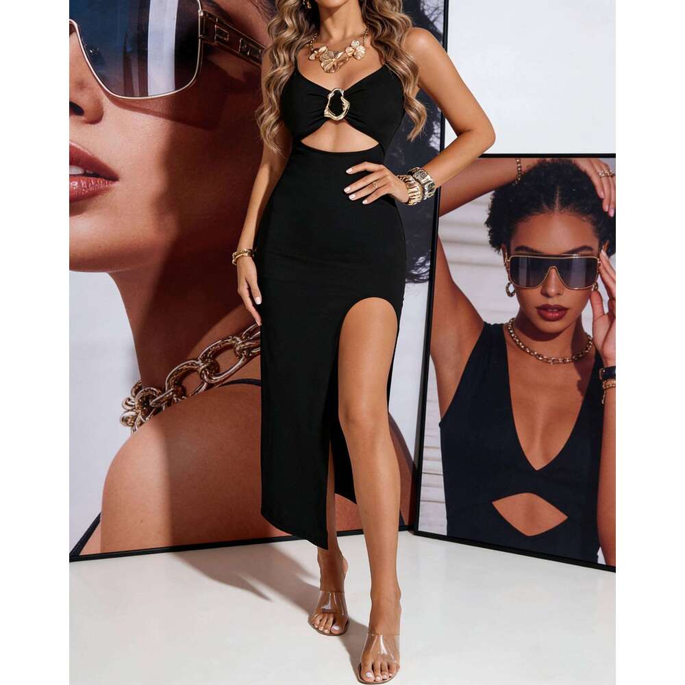 Women's Fashionable Strap Hollow Dress Elegant Style Slit Hip Skirt C260312