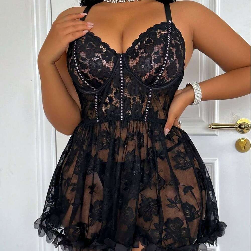 Women Black Lace Sheer Corset Dress with Cross-Back Straps and Floral Embellishments Sexy Nightwear for Party, Date, or Romantic Wear