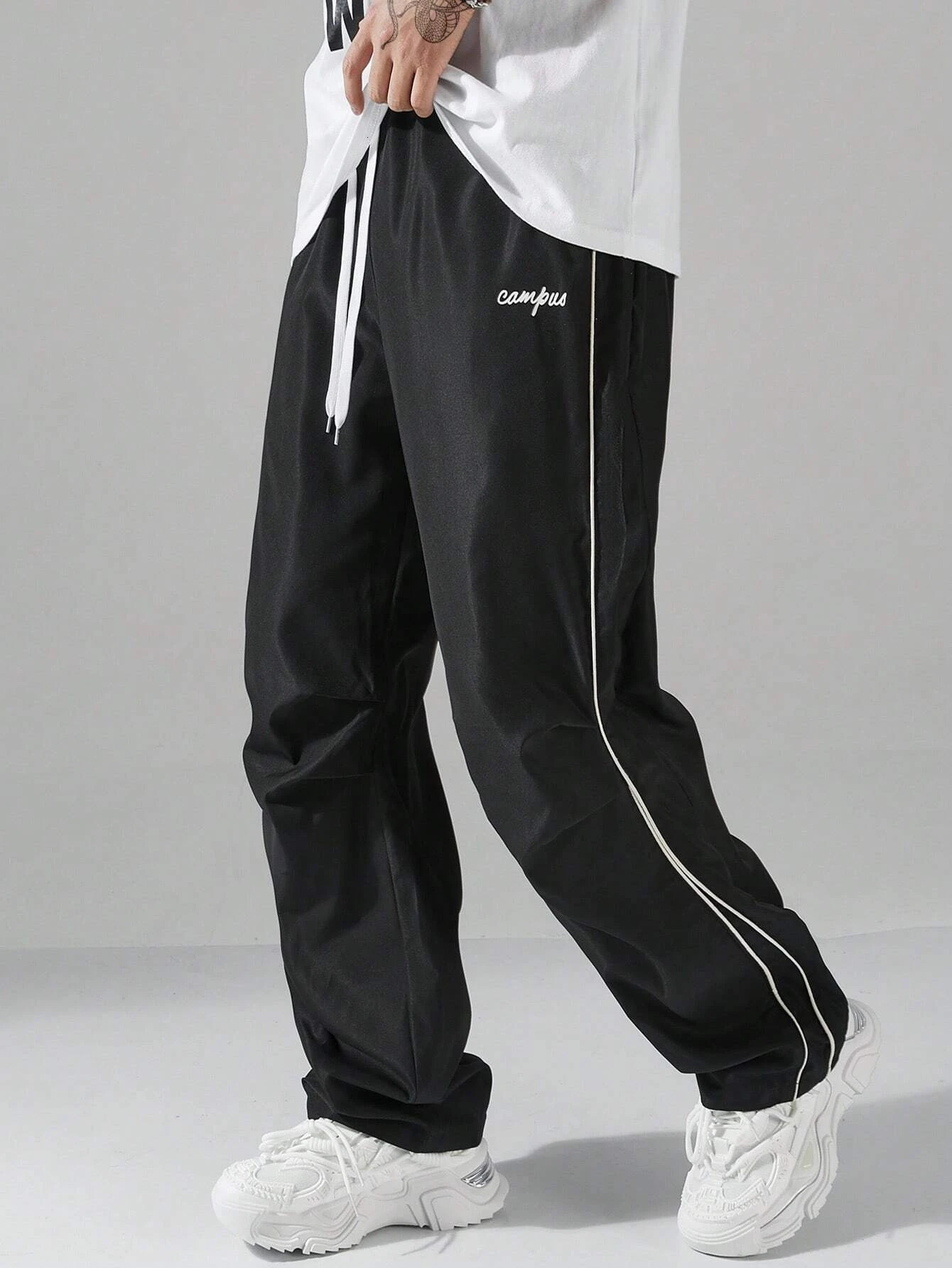 Larbulse Men Contrast Trim Trouser Fashion Casual Pants Solid Color Breathable Loose Straight Drawstring Pants Streetwear 260311