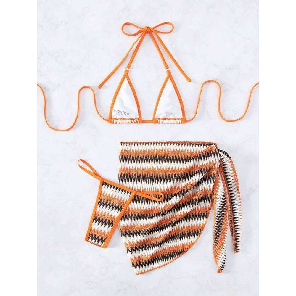 sexy orange striped micro mini bikinis sets three pieces women triangle push up bra and thong with skirt swimsuit Y260303