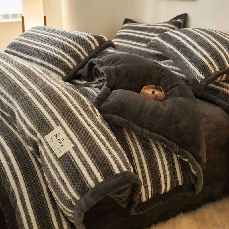 2025 new plaid color matching milk fleece four-piece double-sided winter thickened warm bedding kit household H260312