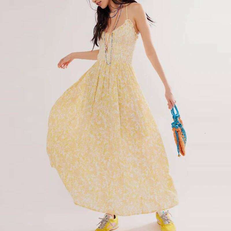 Maemukilabe Women Beach Style Holiday Maxi Floral Spaghetti Straps Backless Swing Summer Long Dress Cocktail Party C260311