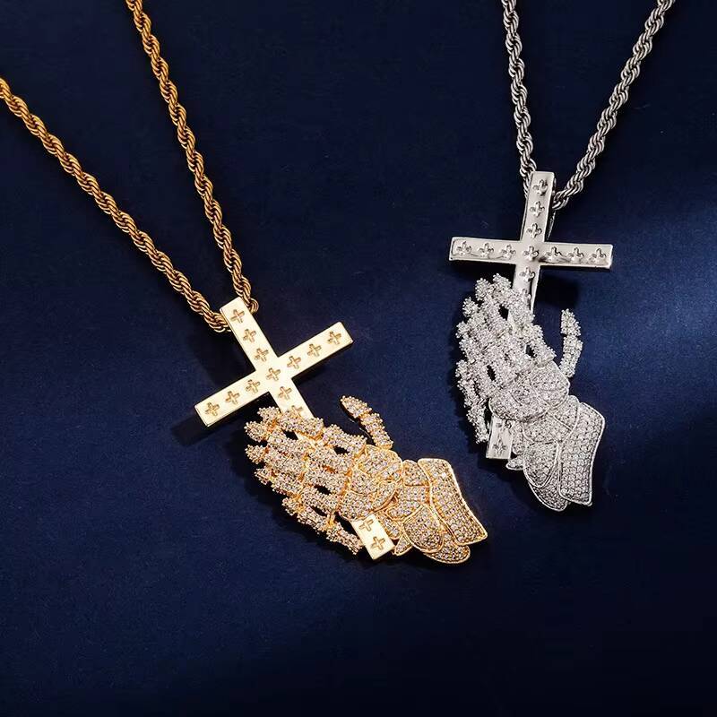 silverS925 Hip Hop Moissanite Crucifix Charm Necklace Praying Hand Cross Pendants Men Women Rapper Christian Fathers Day Gift