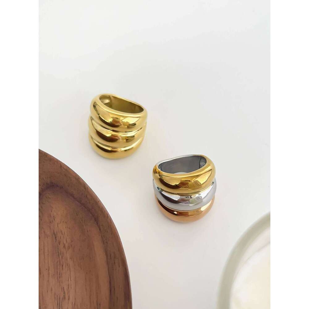 GHIDBK Free Tarnish Stainless Steel Gold Silver Splicing Color Multi-layer Chunky Dome Ring for Women Men Fashion Jewelry Party H260312