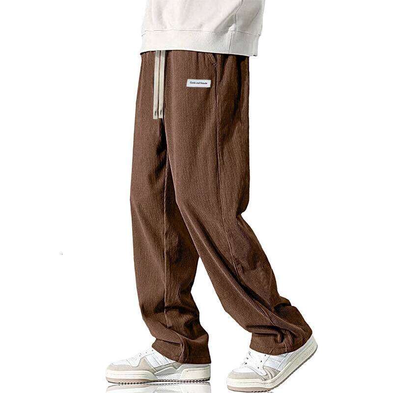 Autumn Mens Corduroy Baggy Wide Leg Casual Pant Elastic Waist Drawstring Sweatpants Loose Work Pants Breathable Outerwear