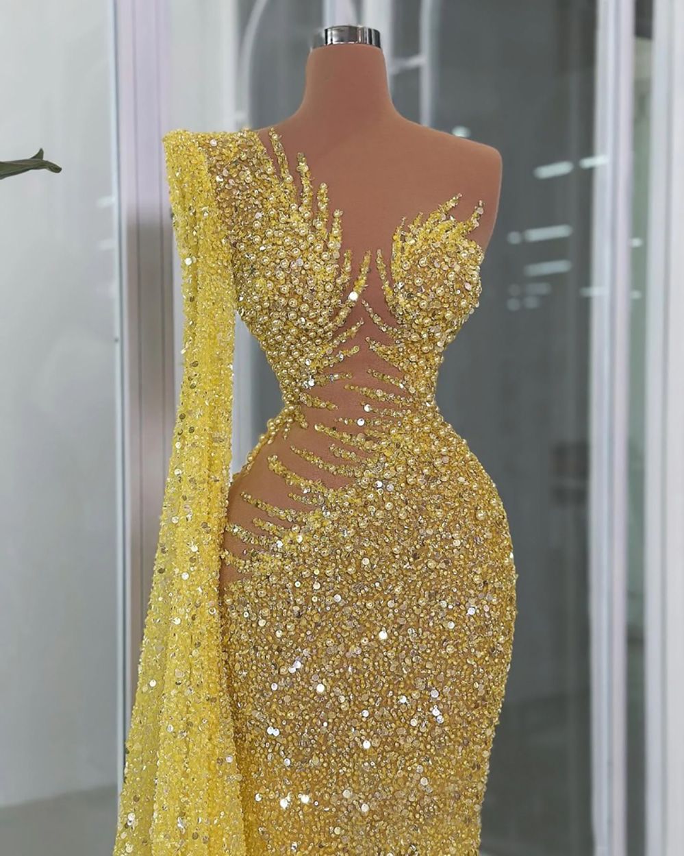 Prom Evening Dresses Illusion Mermaid Promdress Beaded One Shoulder Sequined Lace Pearls Second Receptio G12