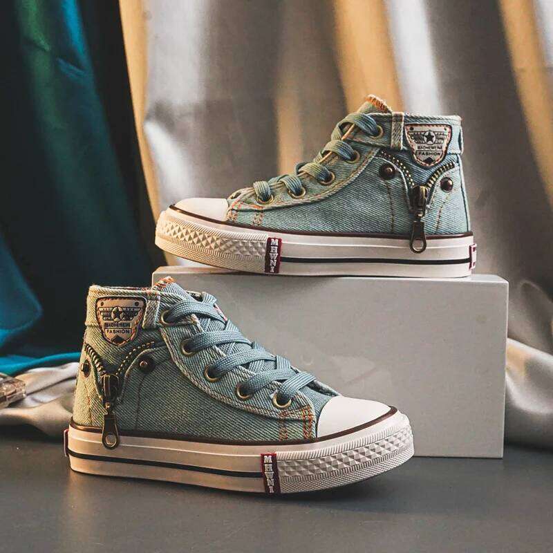 Boys Girls Retro Canvas Children High Top Fashion Side Zipper Slip on Big Kids Soft Sole Non-skid Casual Board Shoes H260312