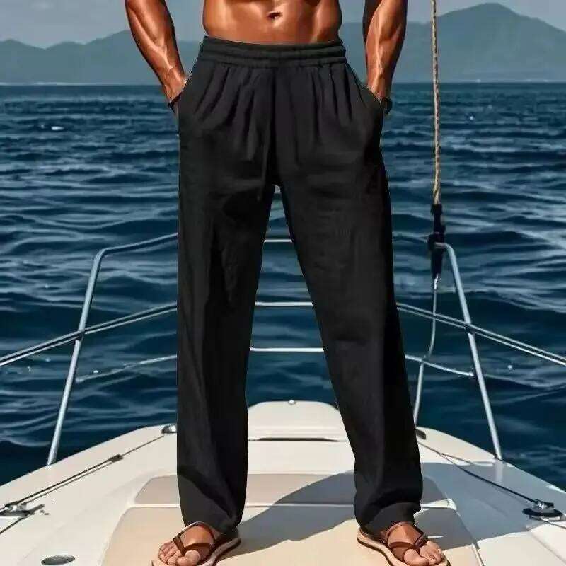 Cotton linen men's 2025 summer new loose casual high waisted breathable plus size Haren pants slimming wide trousers