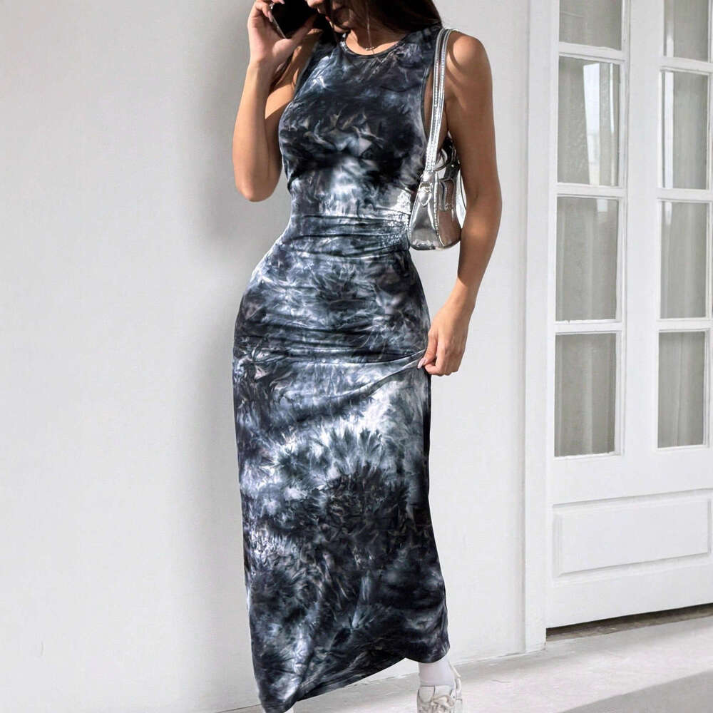 In Stock European and American 2025 Spring Summer Export Women's Sexy Sleeveless Printed Mid-Length Slim Fit Tank Dress for Women