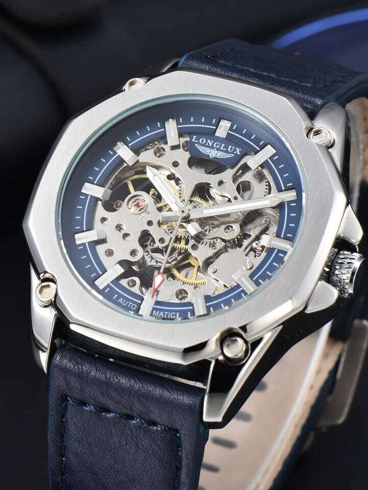 LONGLUX automatic sport style wholesale mechanical wristwatches fashion hollow leather mens watch men gift