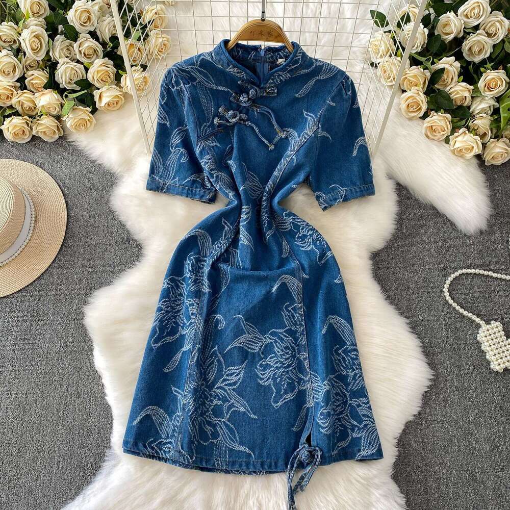 Women's retro button up collar dress, summer high-end jacquard slim fit youth improved A14 cheongsam 2026