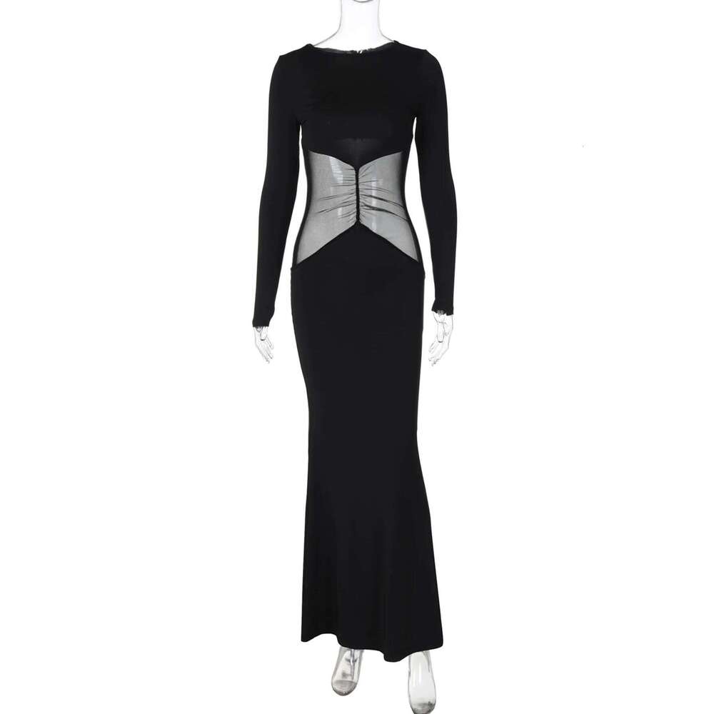 Hugcitar Solid Long Sleeve Patchwork Mesh Sexy Ruched Bodycon Maxi Dress Spring Women Fashion Y2K Clothes Streetwear Party Club C260312