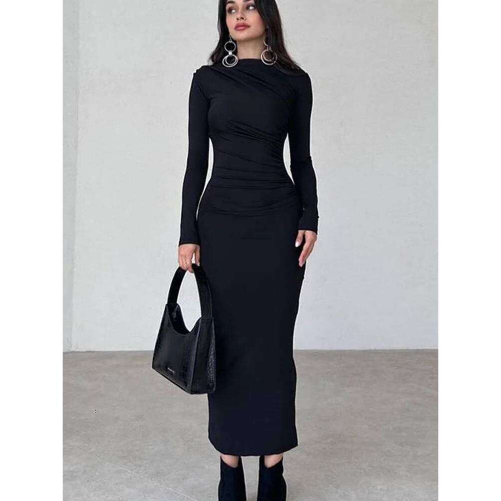 New Spring Autumn Bodycon for Women Slim Chic Long Sleeve O Neck Women's Dresses Elegant Black Party Dress Robe C260312