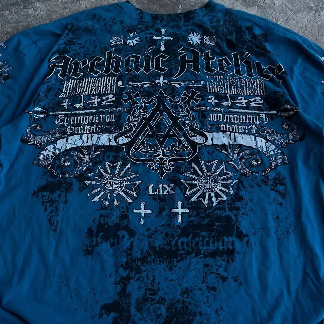 Y2K New Affliction T-shirt Street Vintage Letter Printed Blue Short Sleeve Men Hip Hop Gothic Punk Oversized T shirt Cotton Tops ddmythur