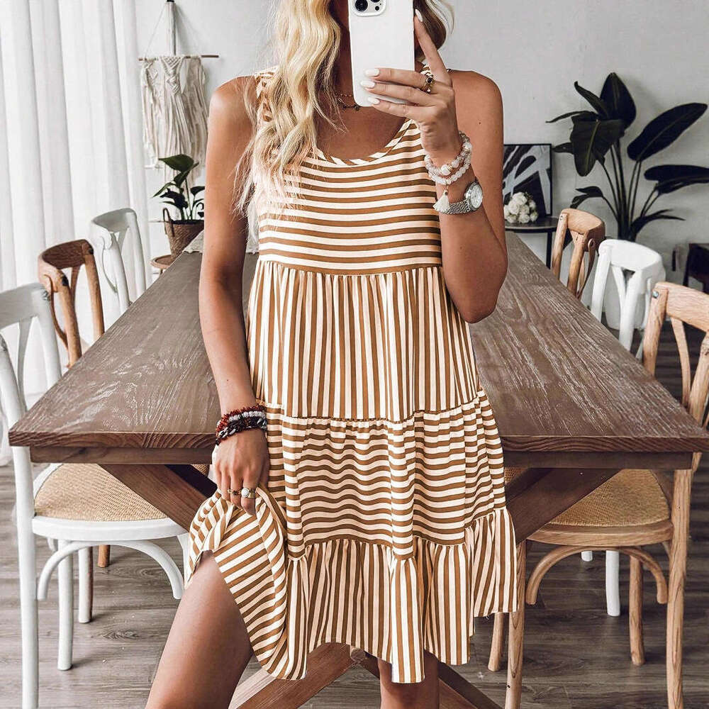 2025 Summer New Pullover Round Neck Loose Sleeveless Women, European and American Fashion Trend Striped Short Dress for Women