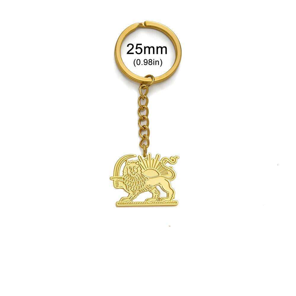 Skyrim Iran Persian Lion Sun Keychain Stainless Steel Gold Color Keyring Key Chains Bag Accessories Gift for Women Men
