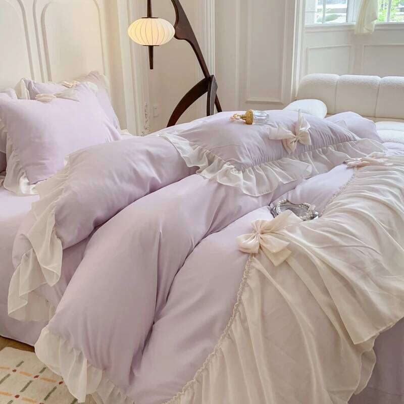 Korean Princess Style Bedding Girl Heart Solid Color Double Sheets Washed Cotton Ruffled Bed Cover Sheet Quilt Set H260312