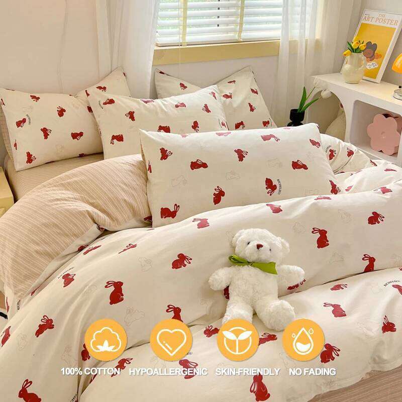 100% Cotton Set Set- Red Bunny & Striped Design Duvet Cover with 2 Pillowcases, Soft Breathable Bedding H260312