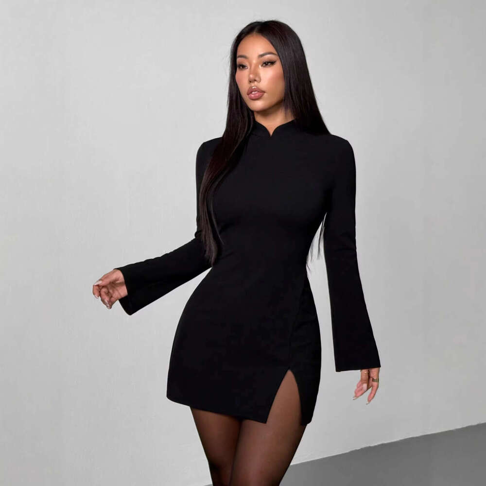 2026 Spring New European and American Style Women's Dress, Elegant, Sexy, Slim-Fit, Basic, Slit, Half-High Collar Dress for Women